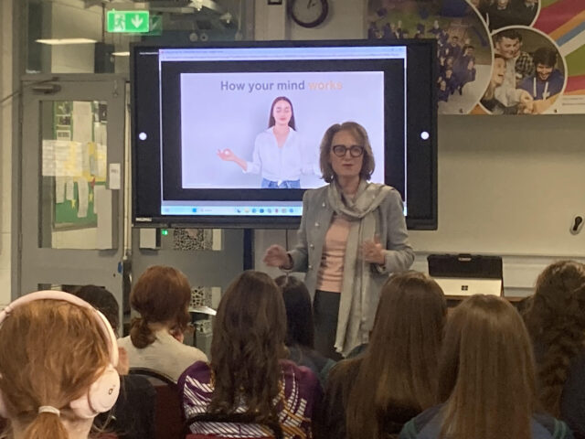 Calodagh McCumiskey, accredited master practitioner in Wellbeing and founder of Spiritual Earth delivering talk to students in Coláiste Bríde, Enniscorthy teaching students how their mind works.