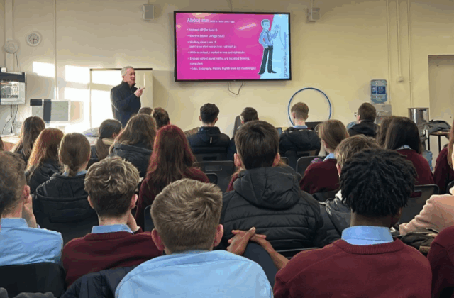 Students at CBS New Ross receiving a talk on starting their own businesses.